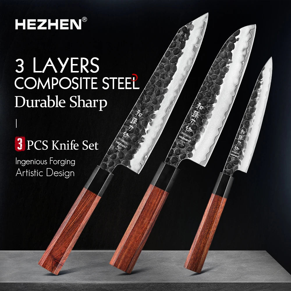 HEZHEN 1-3PC Kitchen Knife Set Chef Utility Santoku Professional Clad Steel Japanese Cook For Meat Kitchen Knife Red Wood