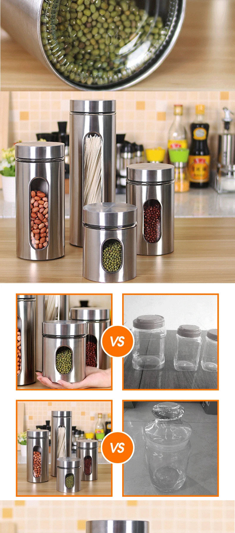 Kitchen Supplies 304 Stainless Steel Storage Jars Household Visual Glass Sealed Jars Multigrain Cans Tea Cans Food Storage Jars
