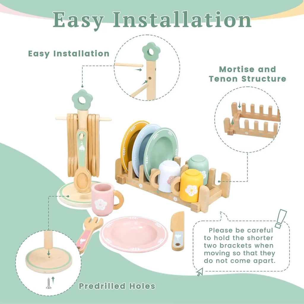 Wooden Kitchen Pretend Play Set Montessori Simulation Plates Dishes Accessories Kitchen Playset Toy for Toddlers Gifts Ages 3+