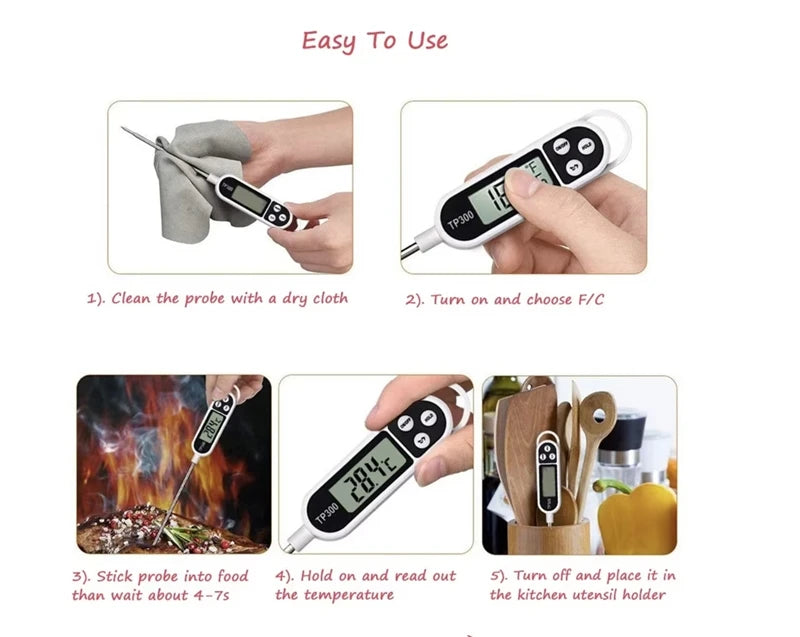 Kitchen Meat Thermometer Probe Type Digital Food Thermometer Cooking 300℃ Electronic Temperature Heat Gauge For Meat BBQ Milk