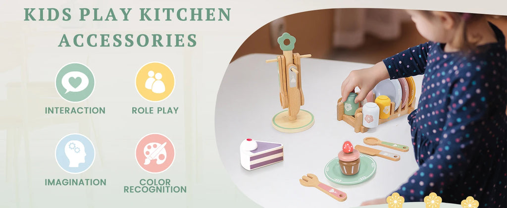 Wooden Kitchen Pretend Play Set Montessori Simulation Plates Dishes Accessories Kitchen Playset Toy for Toddlers Gifts Ages 3+