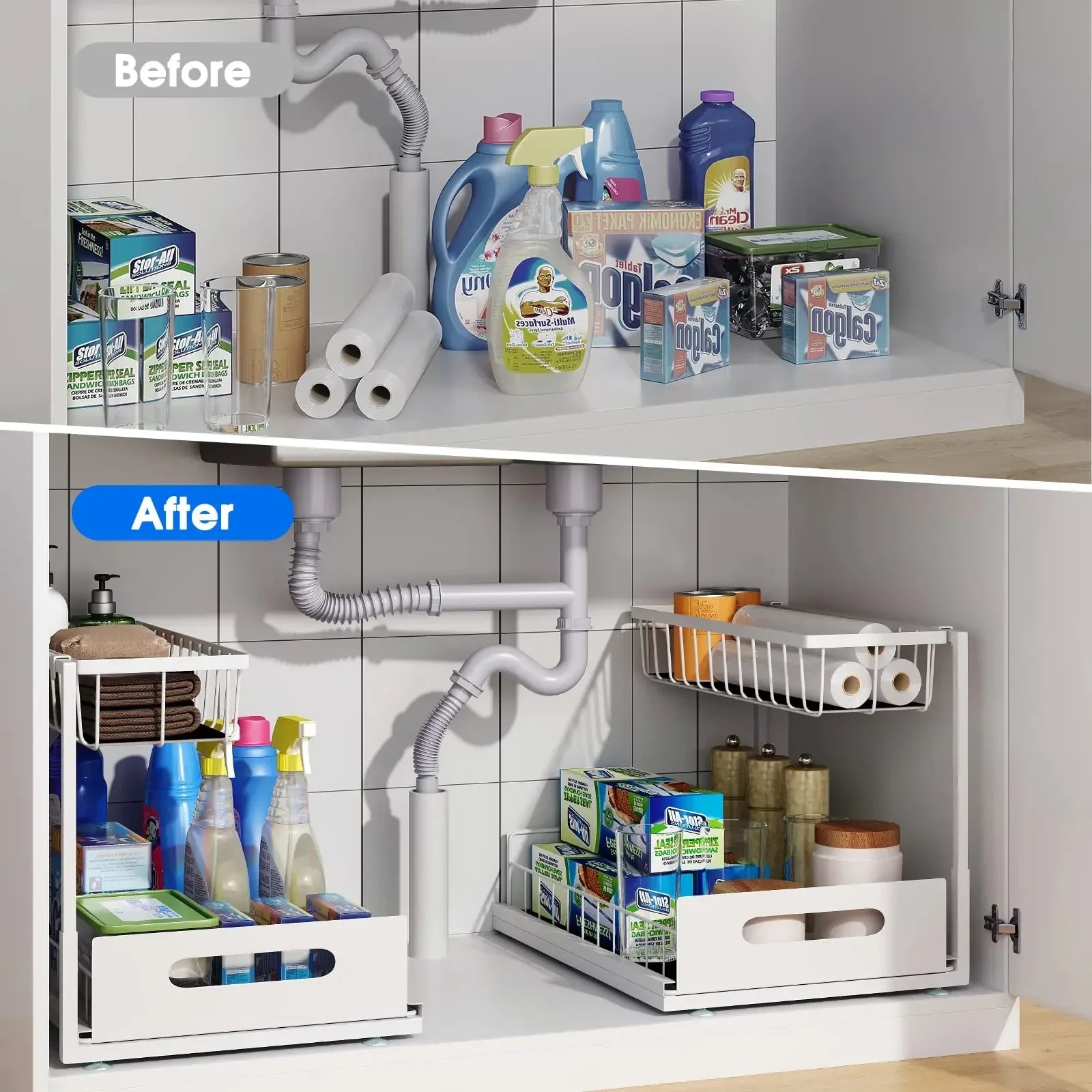 Kitchen Storage Magic Tool！Double-layer Pull-out Basket Under Sink，Easily Transform Unusable Space，Expand Storage Capacity by Do