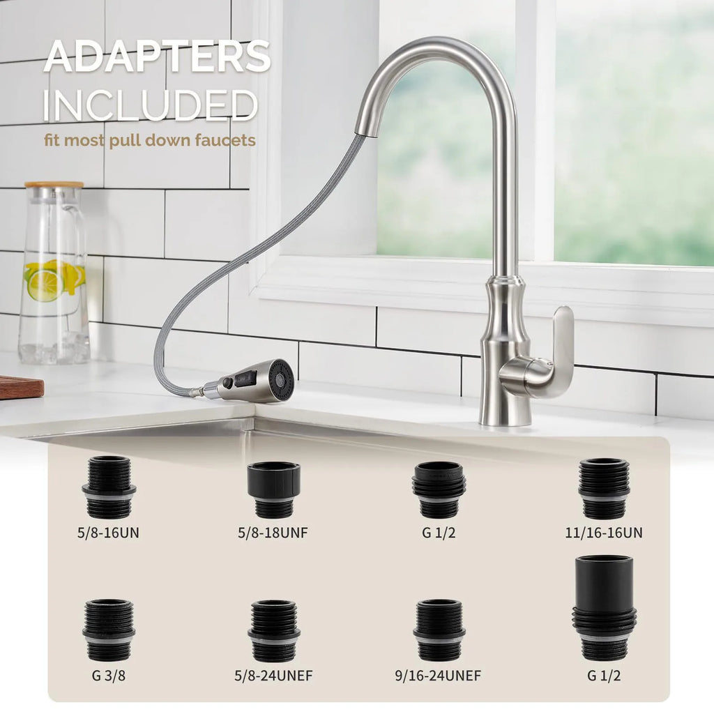 Kitchen Faucet Head Replacement, Premium 3 Function Pull Down Spray Head With 9 Adapters, Kitchen Sink Faucet Head Compatible