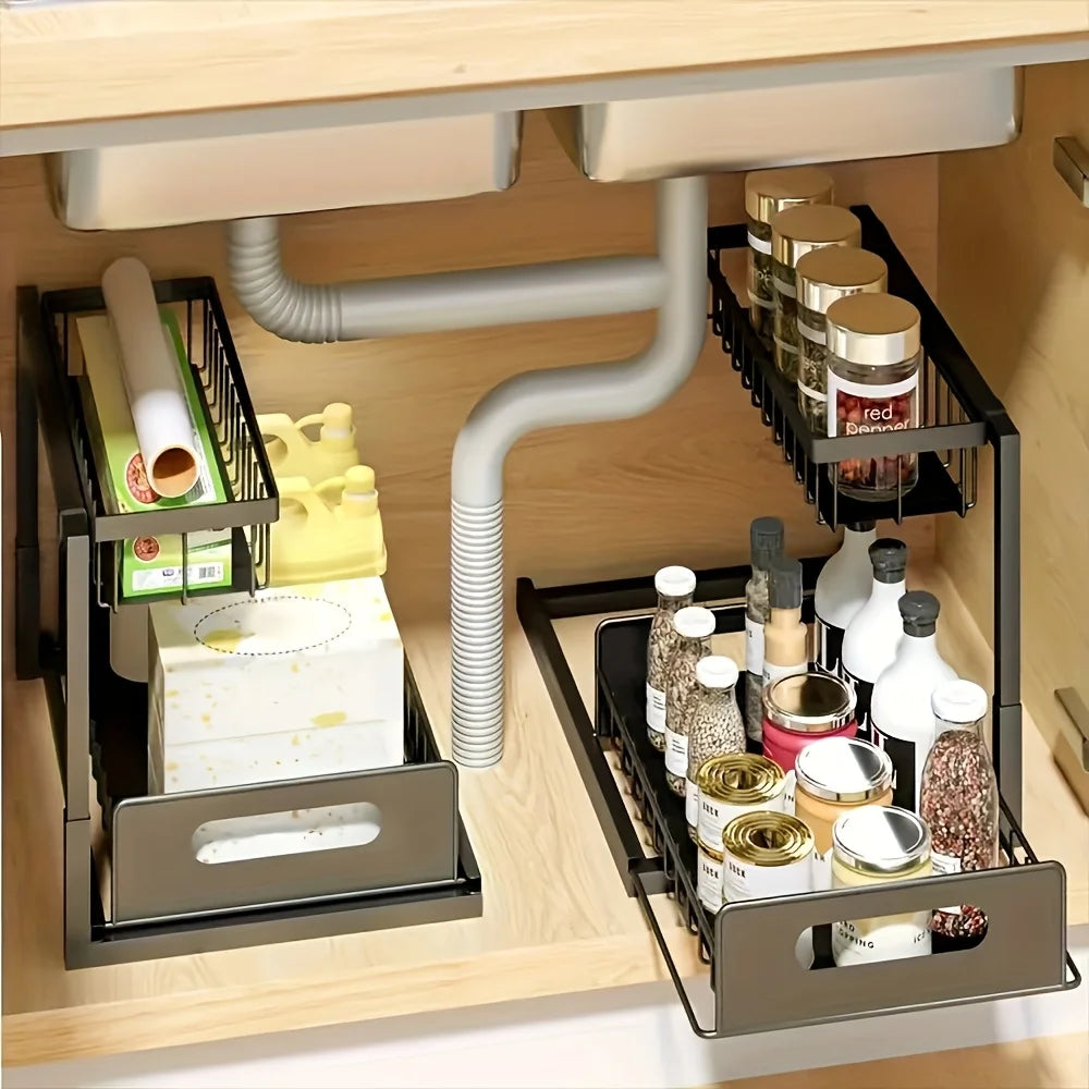 Under Sink Kitchen Storage Rack Set - Sliding Metal Drawer Organizer for Bathroom, Pantry, and Cabinets  Essential for Home Use