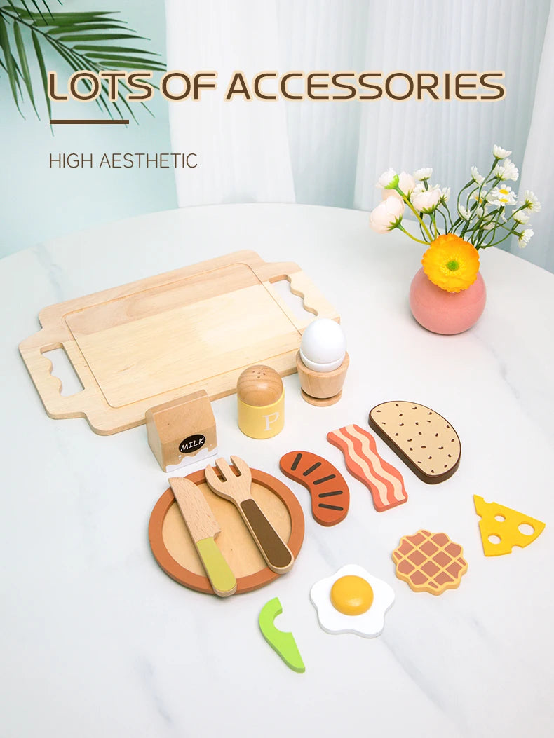 Wooden Kitchen Pretend Play Set Montessori Simulation Plates Dishes Accessories Kitchen Playset Toy for Toddlers Gifts Ages 3+