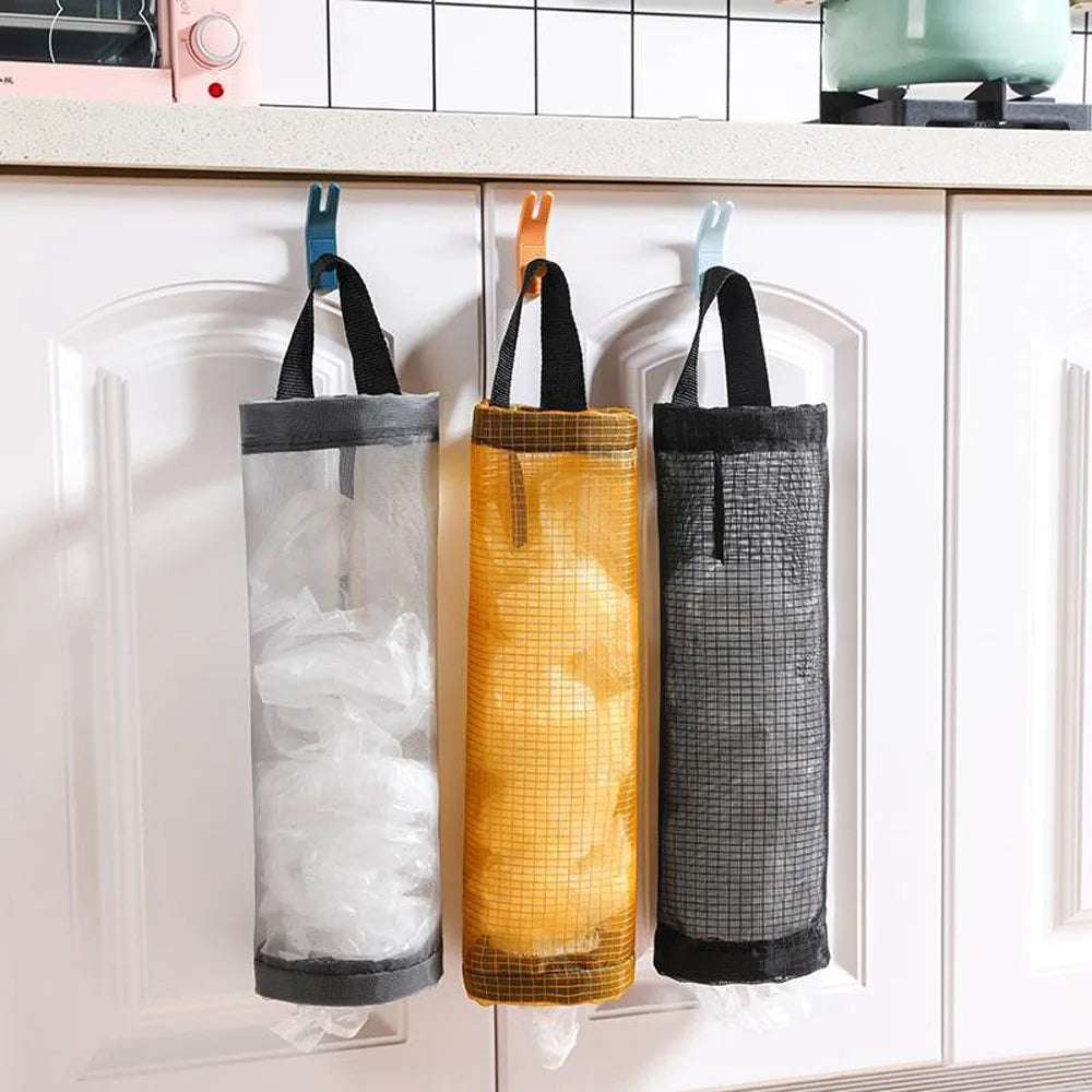 Kitchen storage miscellaneous bag storage wall mounted mesh plastic bag hanging reusable storage bag kitchen garbage organizer
