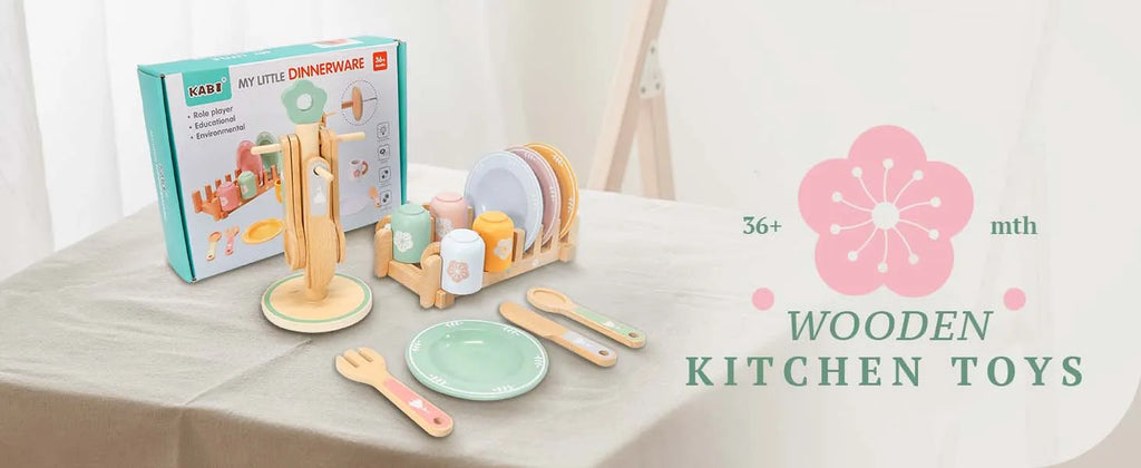 Wooden Kitchen Pretend Play Set Montessori Simulation Plates Dishes Accessories Kitchen Playset Toy for Toddlers Gifts Ages 3+