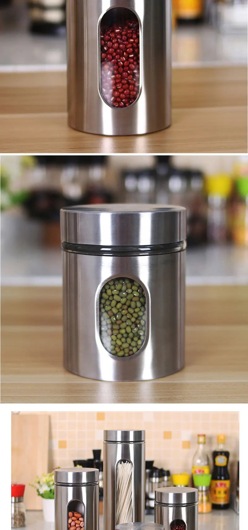 Kitchen Supplies 304 Stainless Steel Storage Jars Household Visual Glass Sealed Jars Multigrain Cans Tea Cans Food Storage Jars