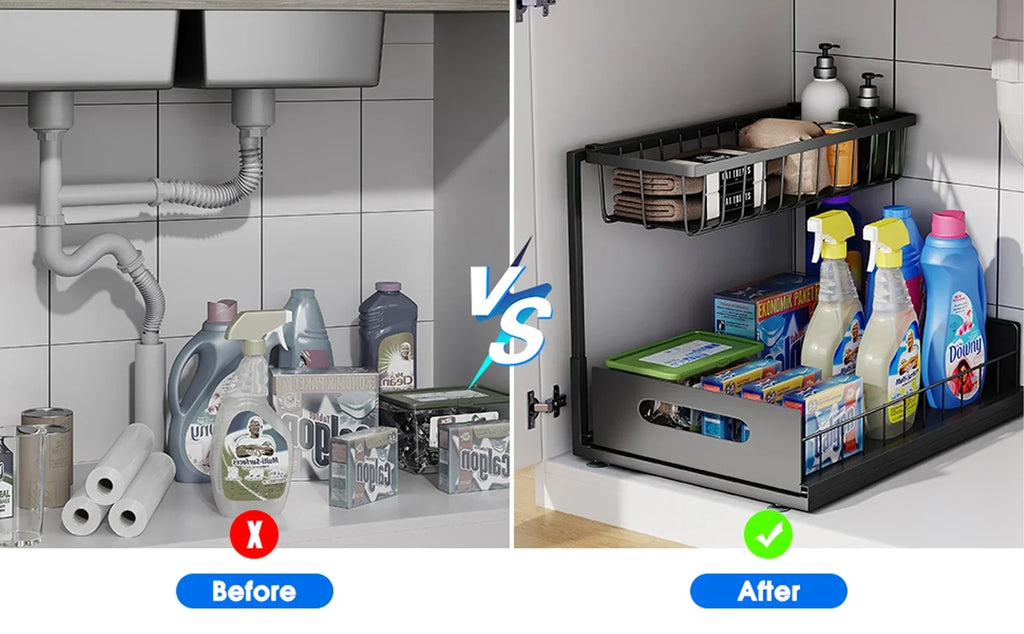 Kitchen Storage Magic Tool！Double-layer Pull-out Basket Under Sink，Easily Transform Unusable Space，Expand Storage Capacity by Do