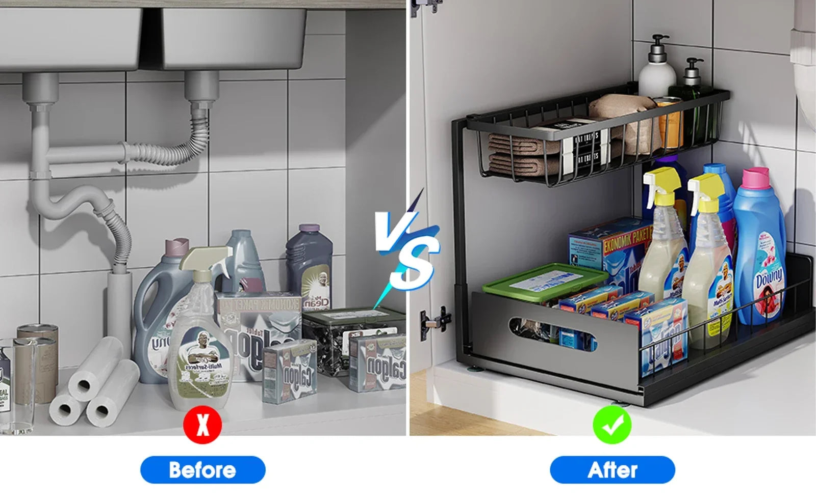 Kitchen Storage Magic Tool！Double-layer Pull-out Basket Under Sink，Easily Transform Unusable Space，Expand Storage Capacity by Do