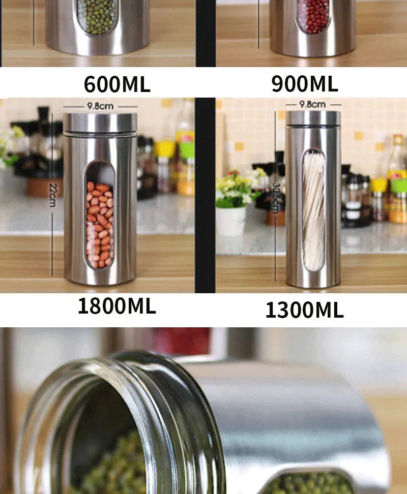 Kitchen Supplies 304 Stainless Steel Storage Jars Household Visual Glass Sealed Jars Multigrain Cans Tea Cans Food Storage Jars