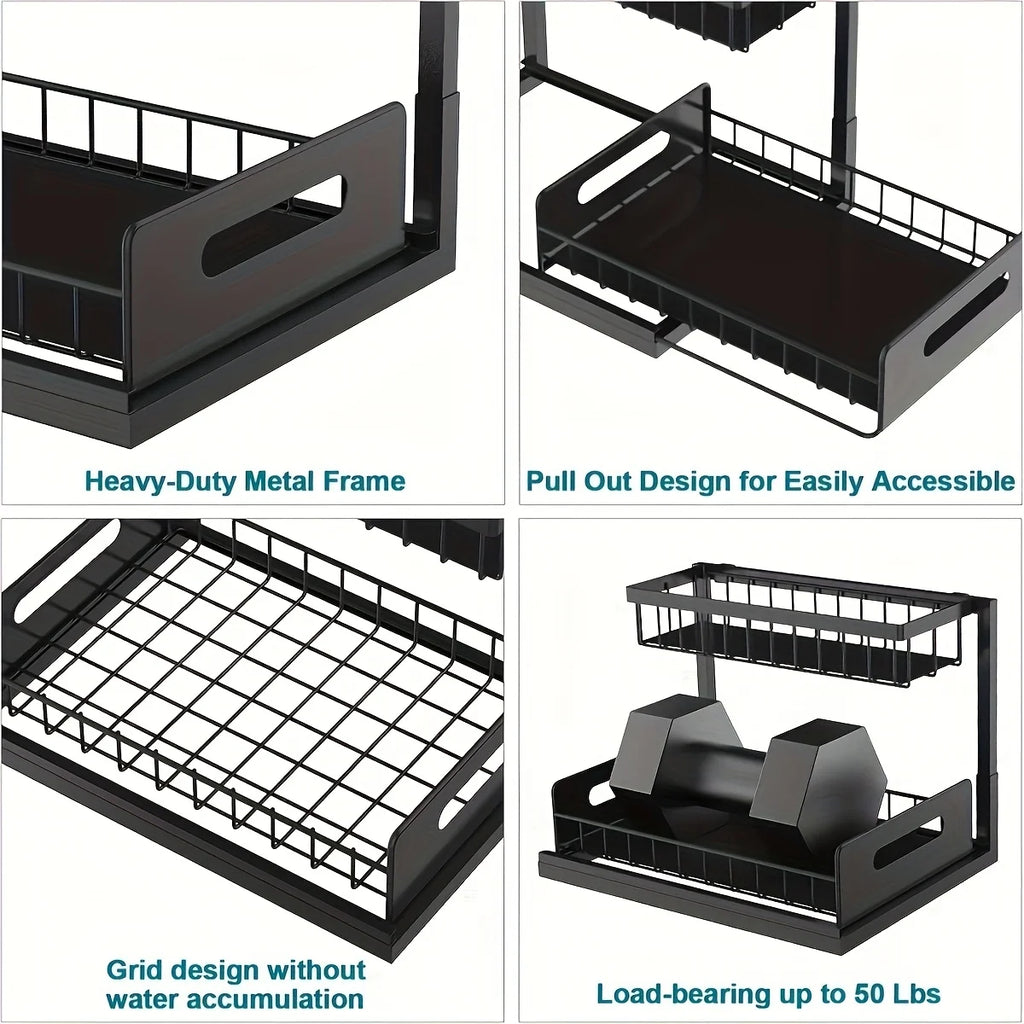 Under Sink Kitchen Storage Rack Set - Sliding Metal Drawer Organizer for Bathroom, Pantry, and Cabinets  Essential for Home Use