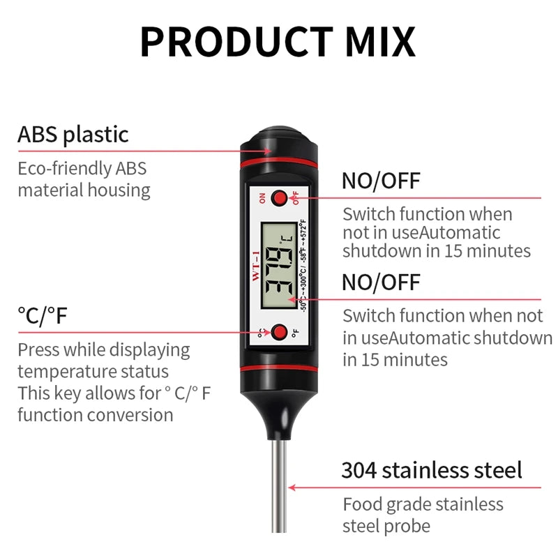 Kitchen Meat Thermometer Probe Type Digital Food Thermometer Cooking 300℃ Electronic Temperature Heat Gauge For Meat BBQ Milk