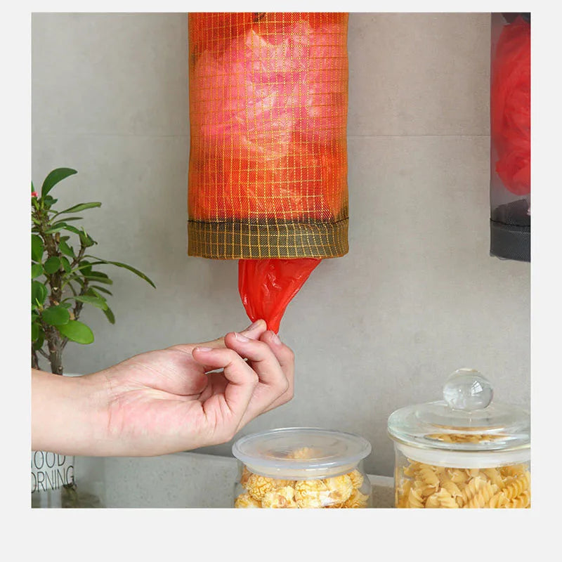 Kitchen storage miscellaneous bag storage wall mounted mesh plastic bag hanging reusable storage bag kitchen garbage organizer