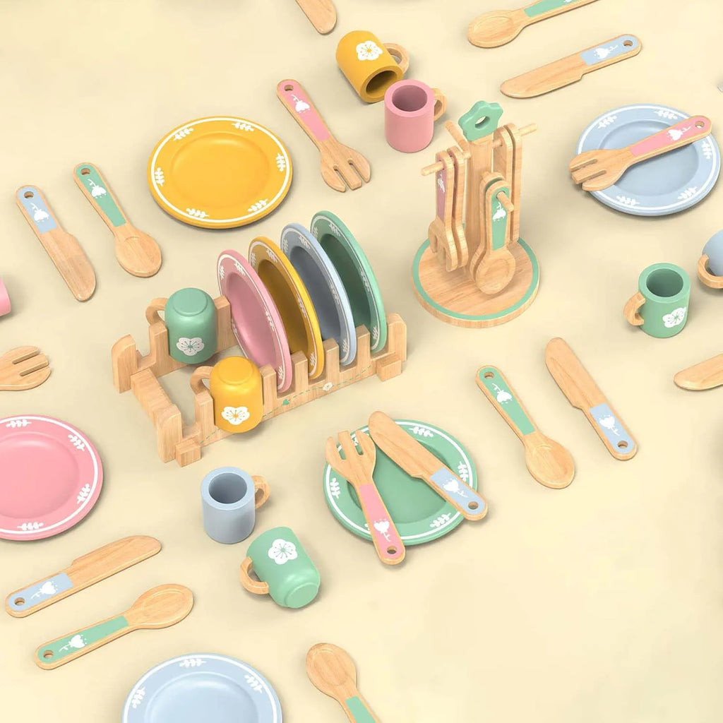 Wooden Kitchen Pretend Play Set Montessori Simulation Plates Dishes Accessories Kitchen Playset Toy for Toddlers Gifts Ages 3+