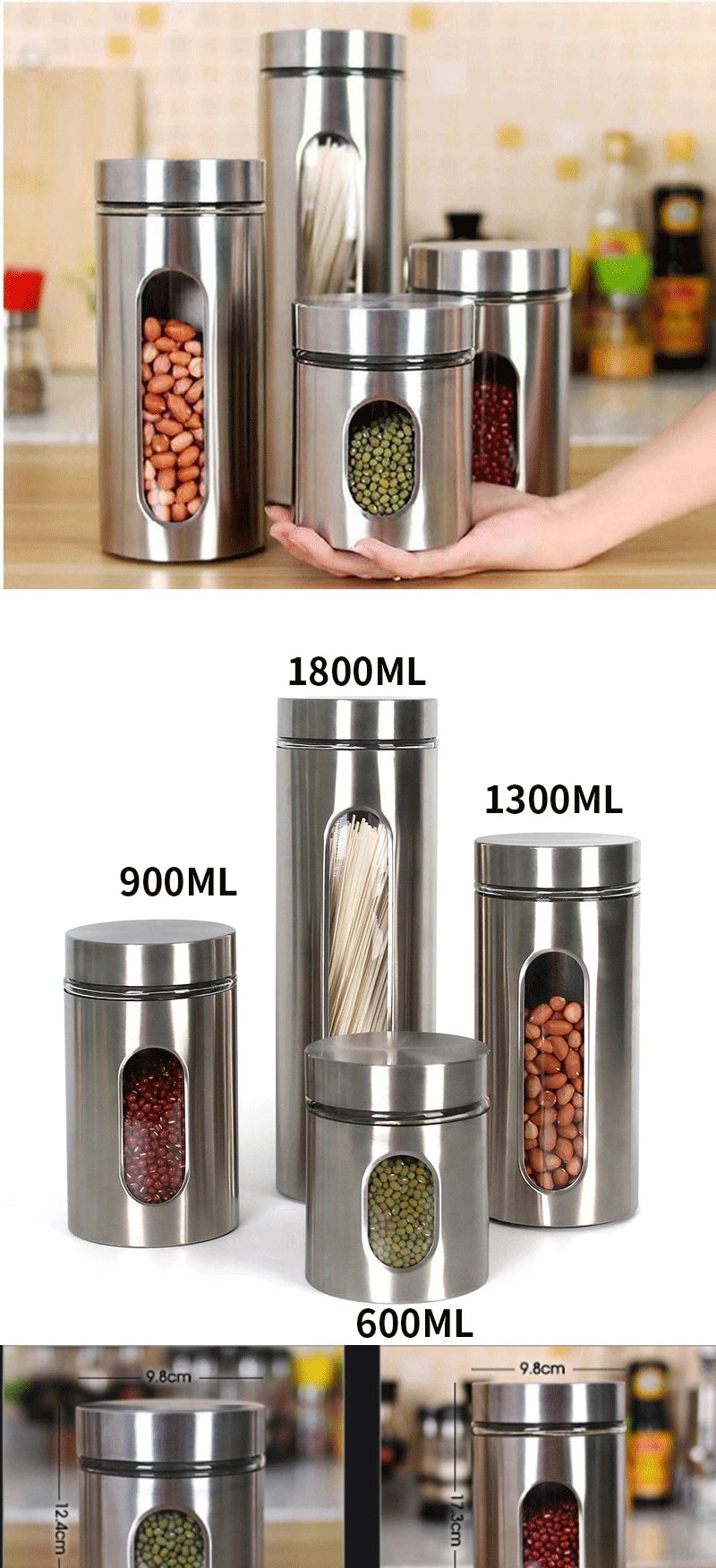 Kitchen Supplies 304 Stainless Steel Storage Jars Household Visual Glass Sealed Jars Multigrain Cans Tea Cans Food Storage Jars