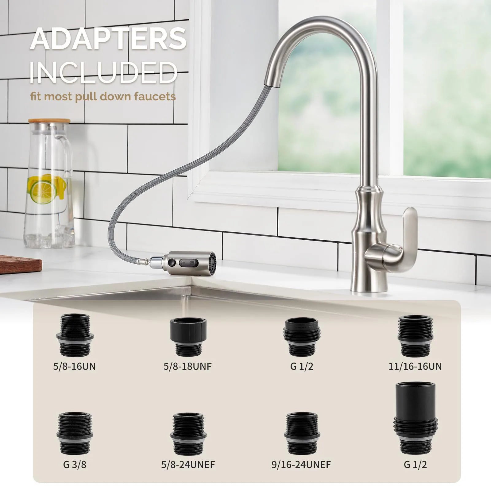 Kitchen Faucet Head Replacement, Premium 3 Function Pull Down Spray Head With 9 Adapters, Kitchen Sink Faucet Head Compatible