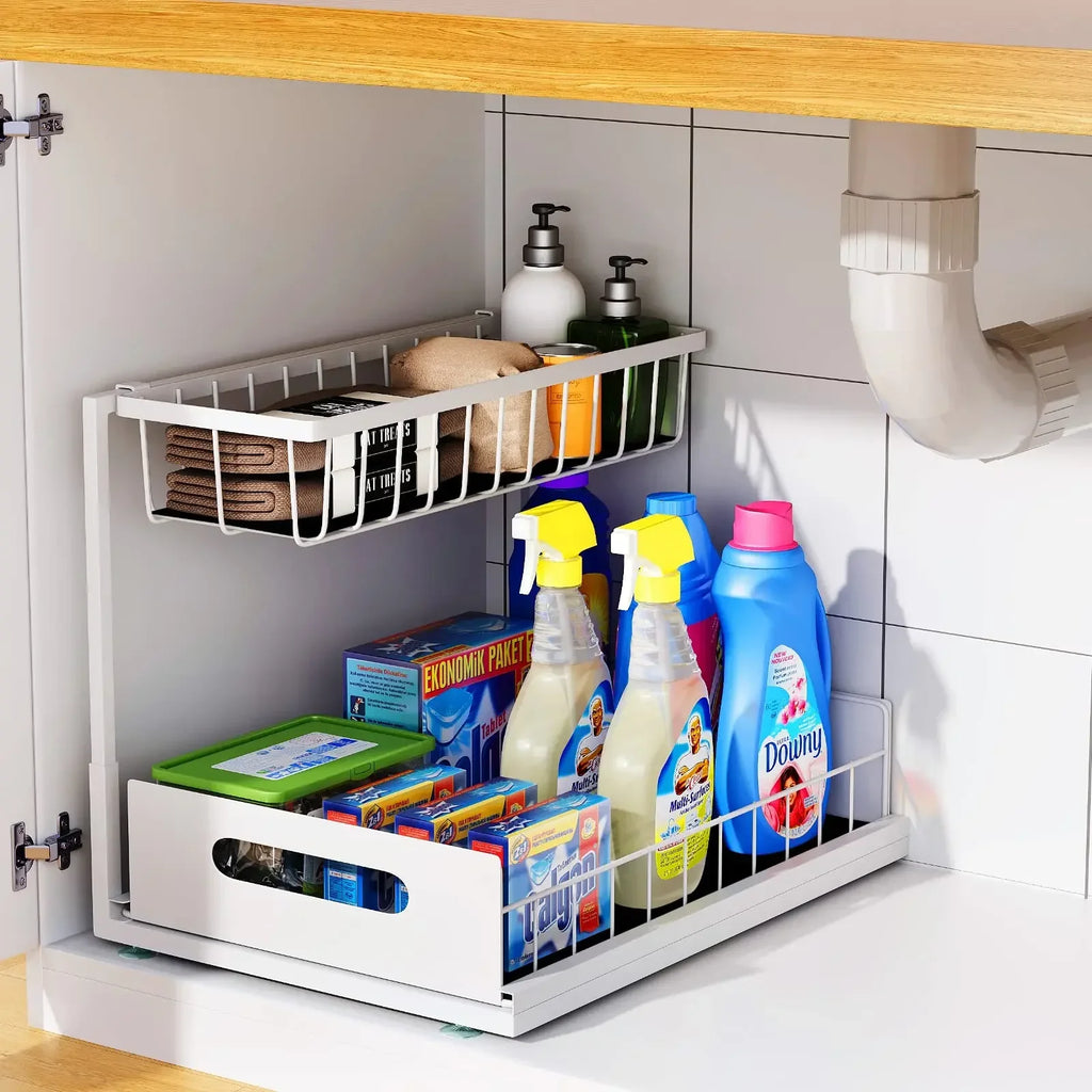 Kitchen Storage Magic Tool！Double-layer Pull-out Basket Under Sink，Easily Transform Unusable Space，Expand Storage Capacity by Do