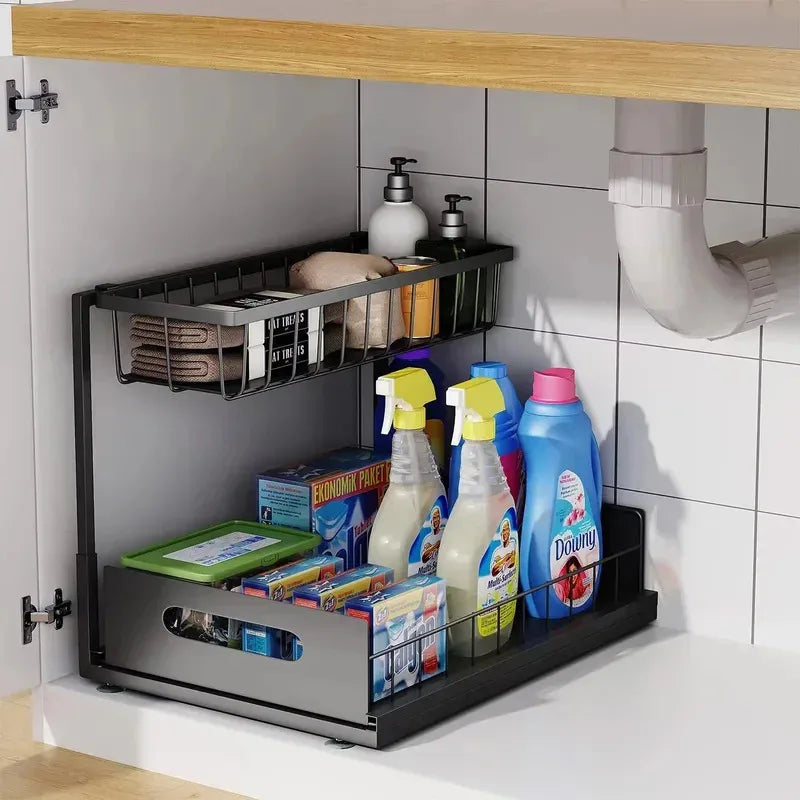 Kitchen Storage Magic Tool！Double-layer Pull-out Basket Under Sink，Easily Transform Unusable Space，Expand Storage Capacity by Do