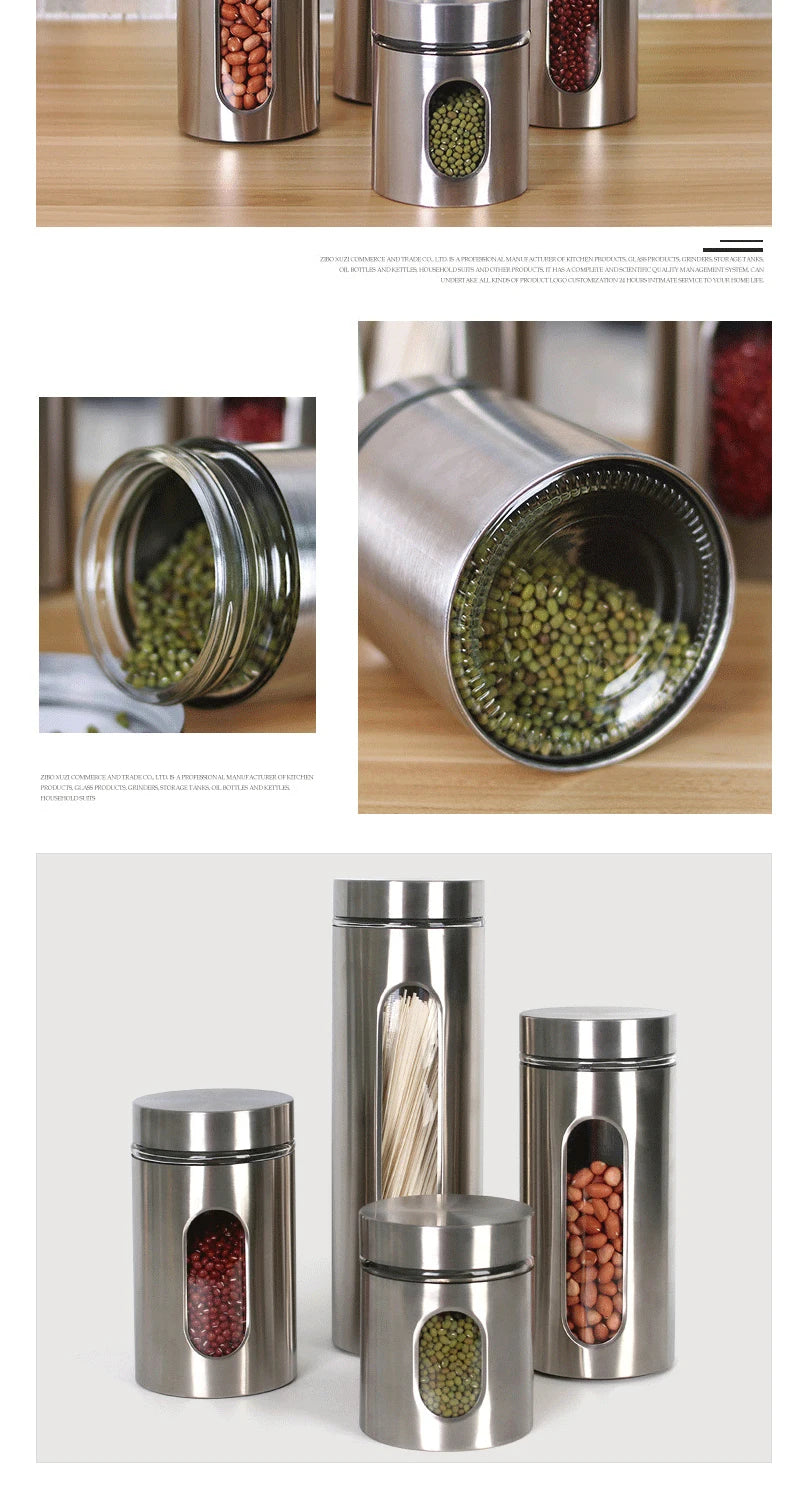 Kitchen Supplies 304 Stainless Steel Storage Jars Household Visual Glass Sealed Jars Multigrain Cans Tea Cans Food Storage Jars