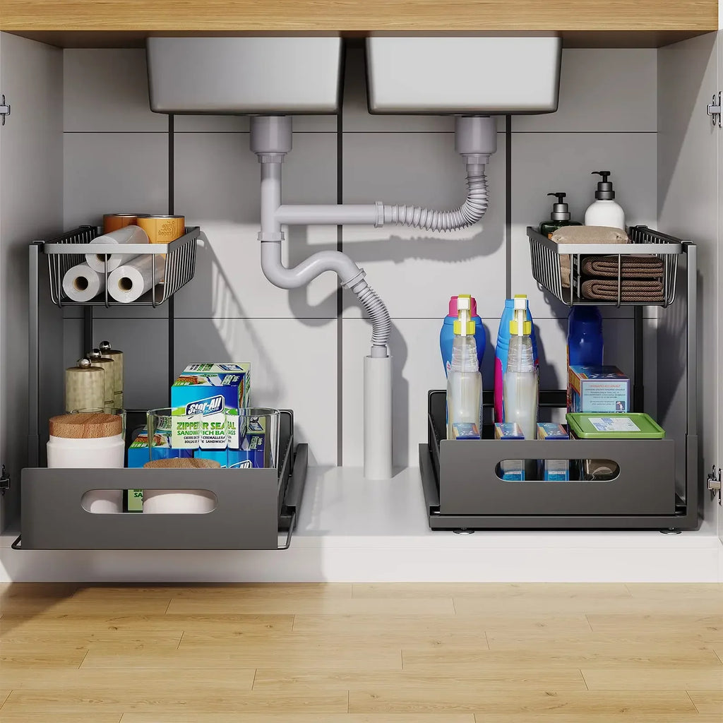 Kitchen Storage Magic Tool！Double-layer Pull-out Basket Under Sink，Easily Transform Unusable Space，Expand Storage Capacity by Do