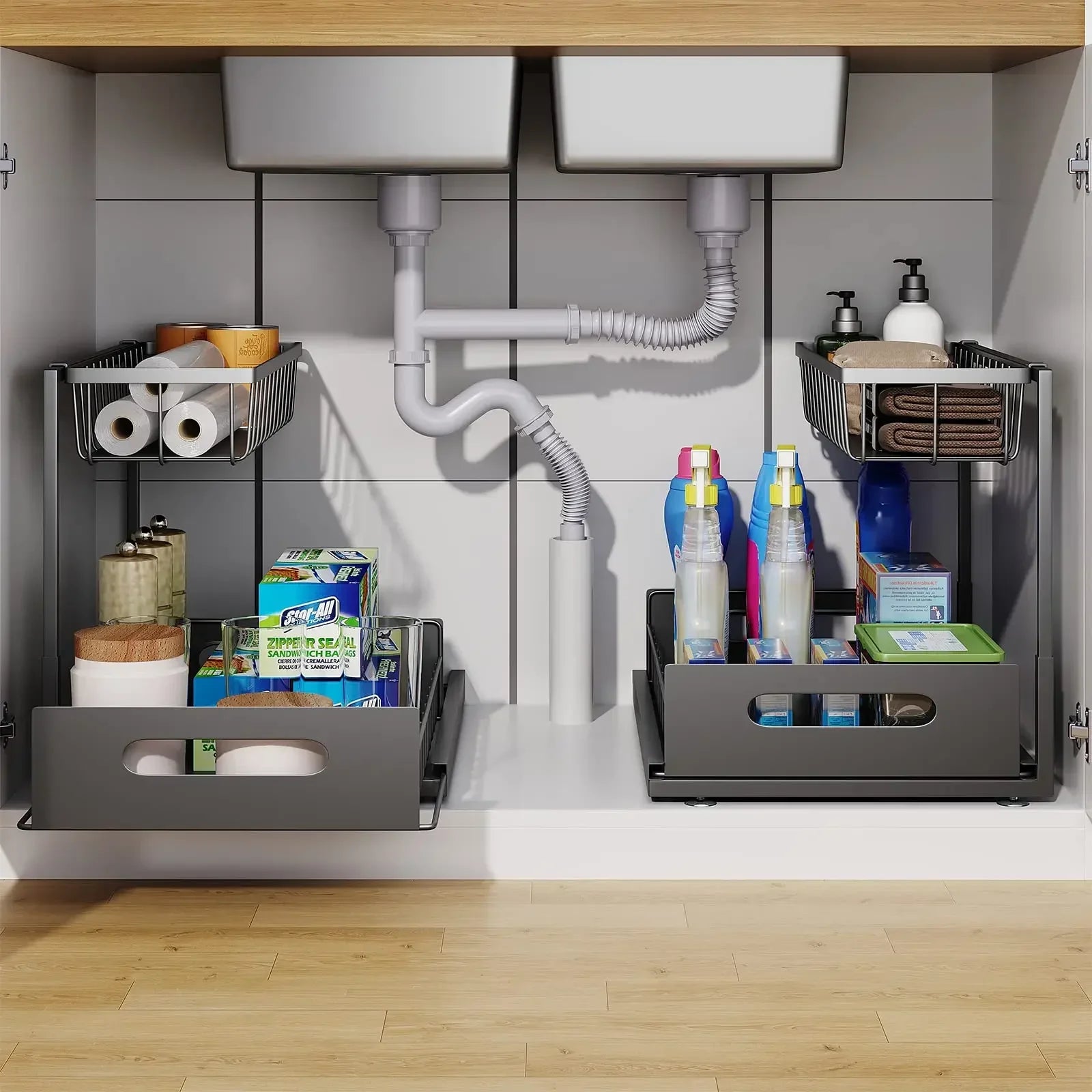 Kitchen Storage Magic Tool！Double-layer Pull-out Basket Under Sink，Easily Transform Unusable Space，Expand Storage Capacity by Do