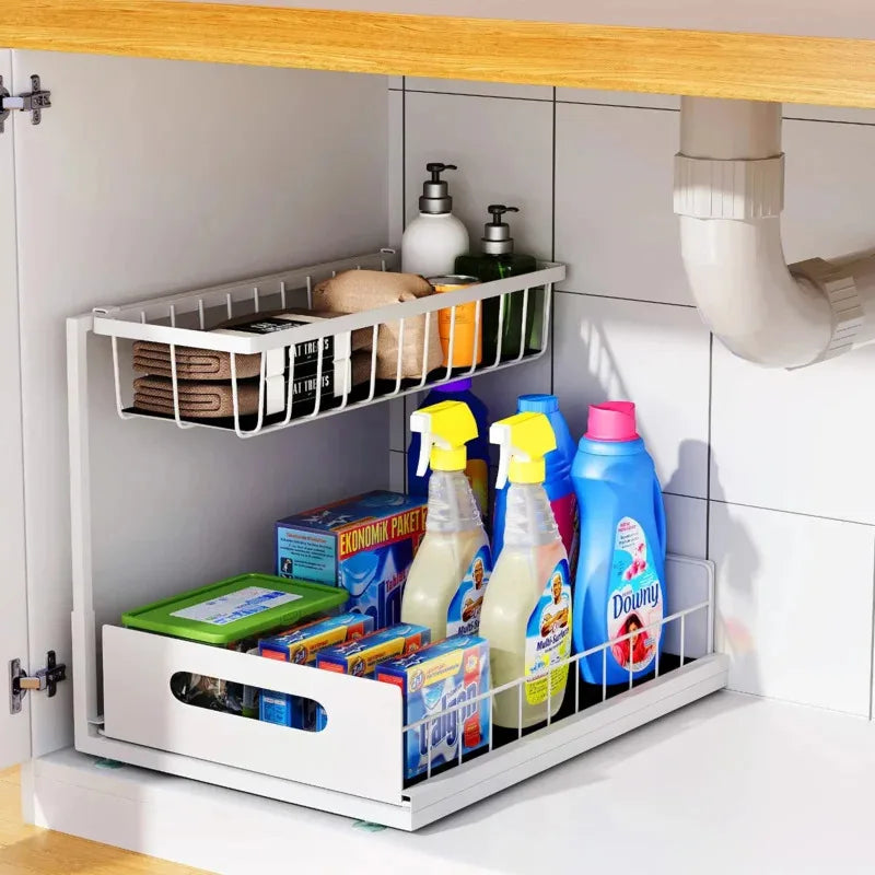 Kitchen Storage Magic Tool！Double-layer Pull-out Basket Under Sink，Easily Transform Unusable Space，Expand Storage Capacity by Do