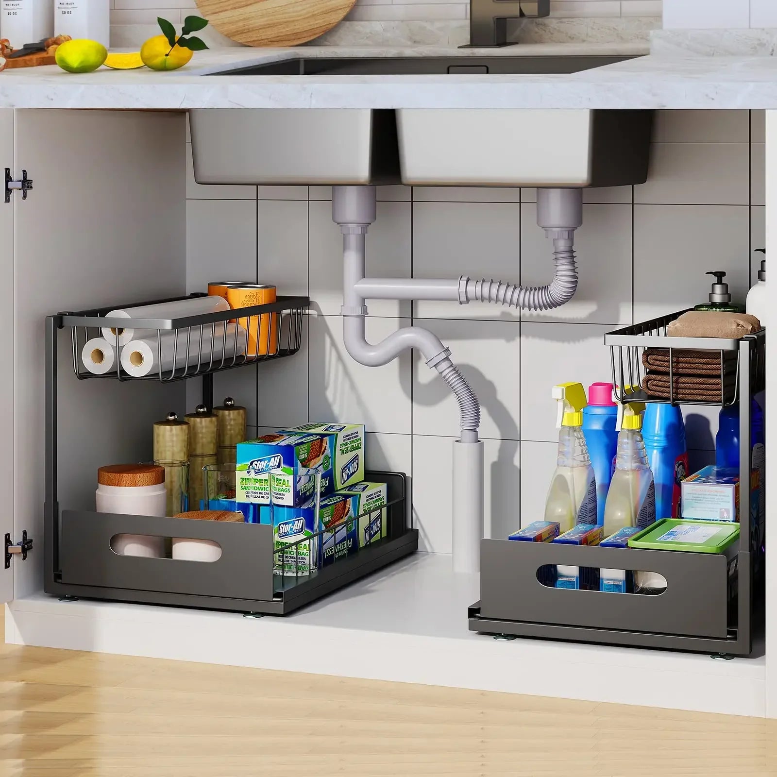 Kitchen Storage Magic Tool！Double-layer Pull-out Basket Under Sink，Easily Transform Unusable Space，Expand Storage Capacity by Do
