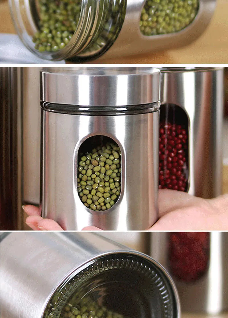 Kitchen Supplies 304 Stainless Steel Storage Jars Household Visual Glass Sealed Jars Multigrain Cans Tea Cans Food Storage Jars