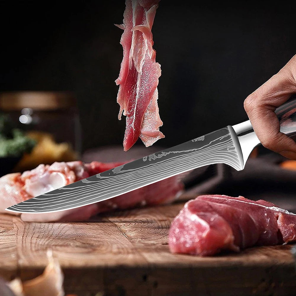 Kitchen Knife 6PCS Set Stainless Steel,Includes Chef's Knife, Bread, Boning Knife,Fruit Knife, with Stainless Steel Knife Holder