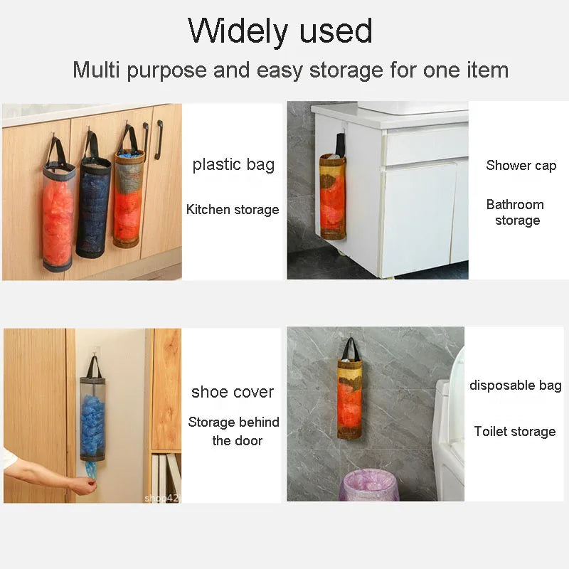 Kitchen storage miscellaneous bag storage wall mounted mesh plastic bag hanging reusable storage bag kitchen garbage organizer