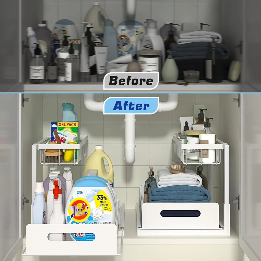 Under Sink Kitchen Storage Rack Set - Sliding Metal Drawer Organizer for Bathroom, Pantry, and Cabinets  Essential for Home Use