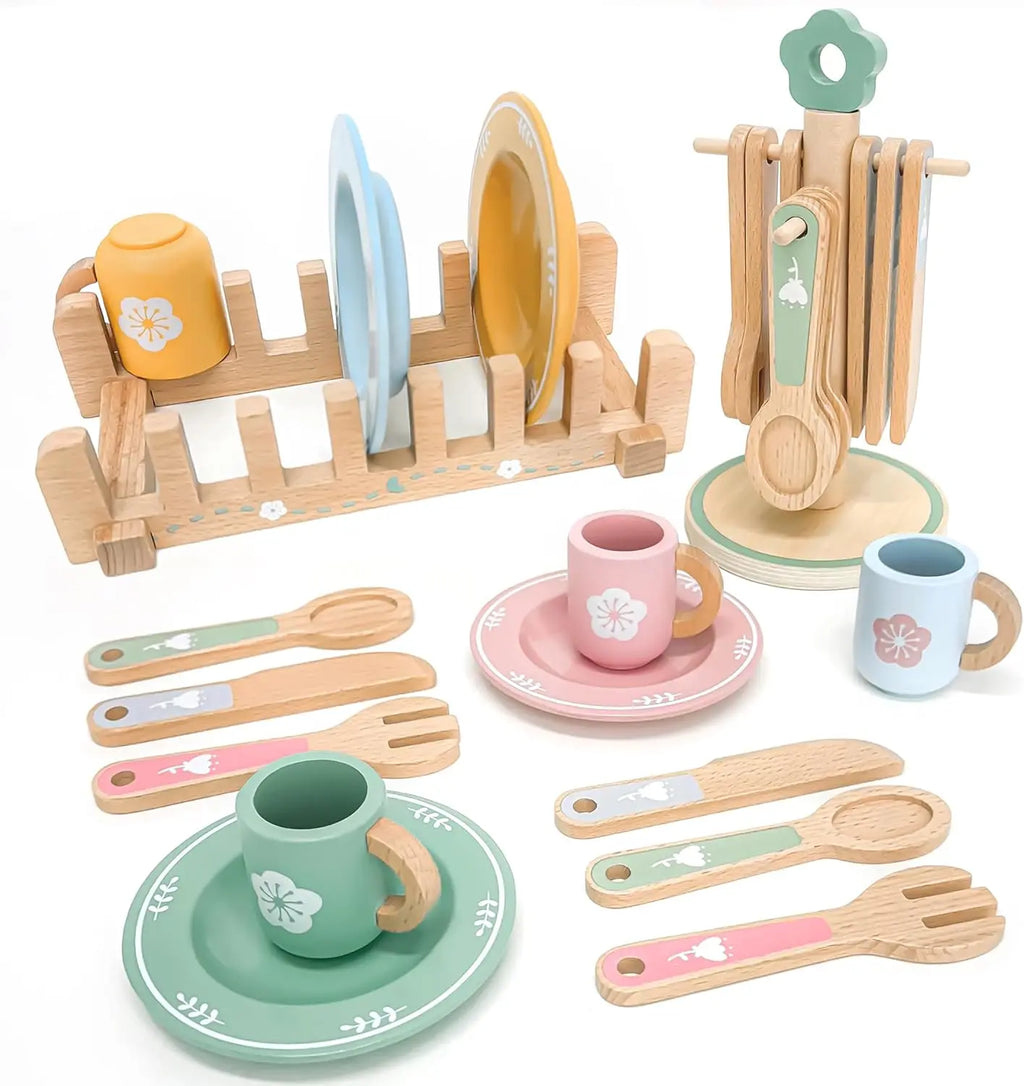 Wooden Kitchen Pretend Play Set Montessori Simulation Plates Dishes Accessories Kitchen Playset Toy for Toddlers Gifts Ages 3+
