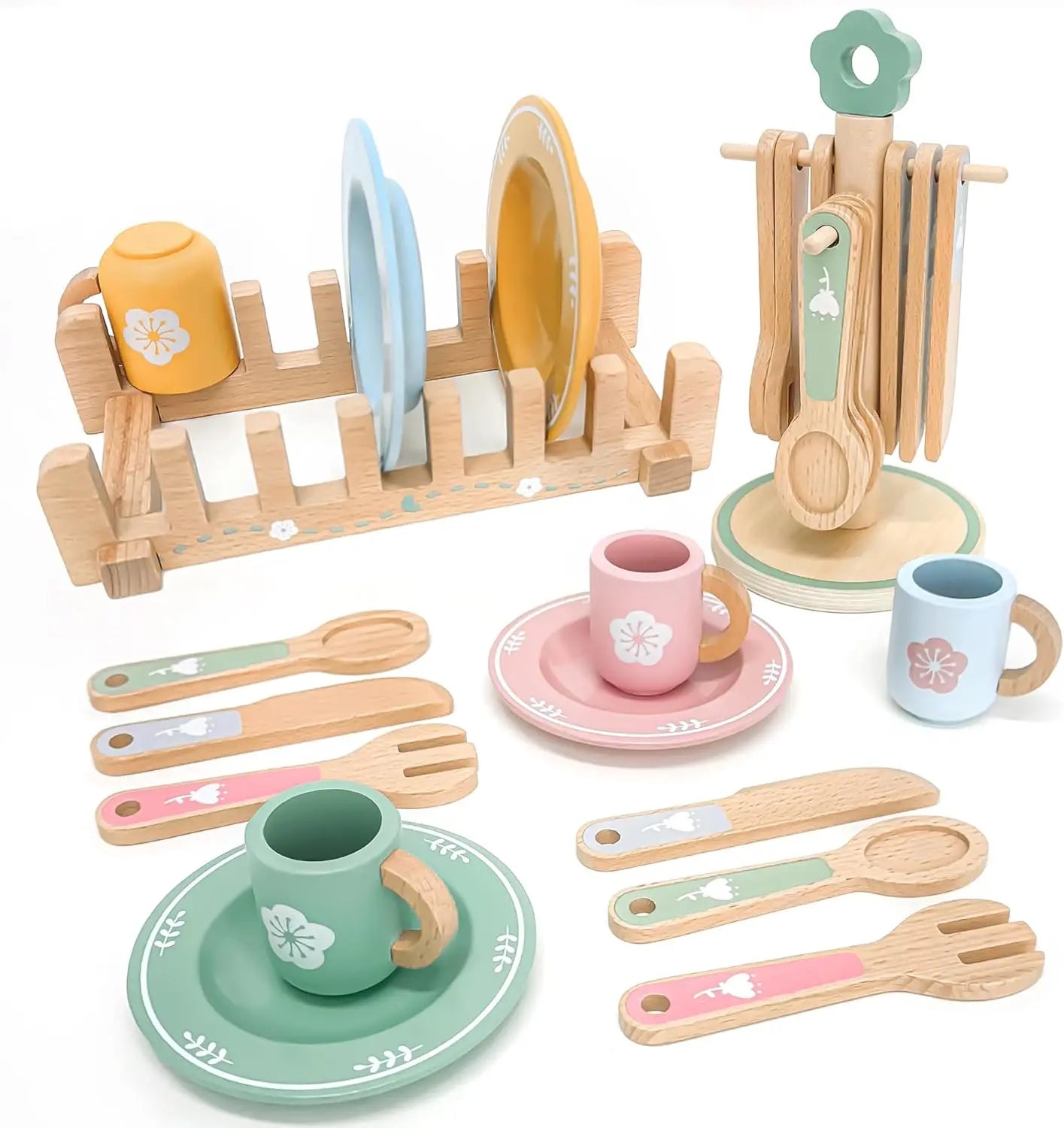 Wooden Kitchen Pretend Play Set Montessori Simulation Plates Dishes Accessories Kitchen Playset Toy for Toddlers Gifts Ages 3+