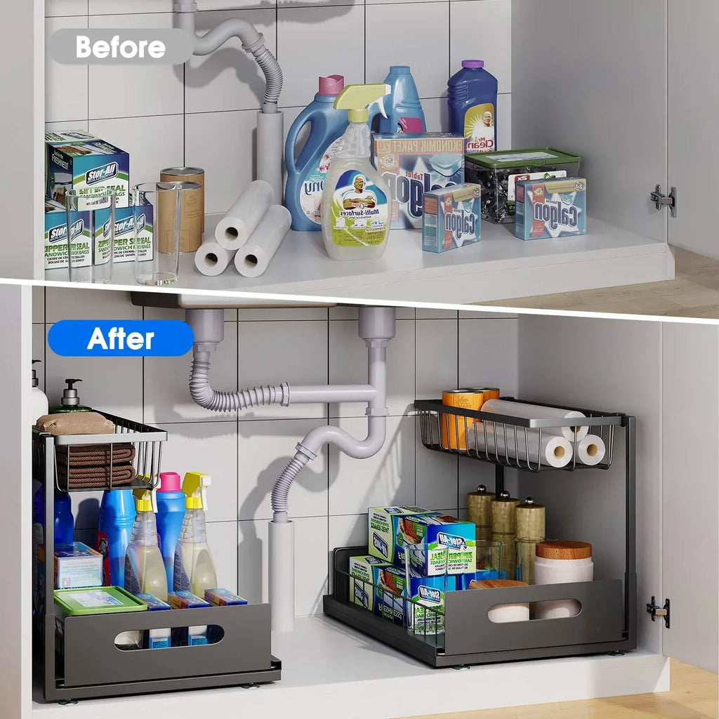 Kitchen Storage Magic Tool！Double-layer Pull-out Basket Under Sink，Easily Transform Unusable Space，Expand Storage Capacity by Do