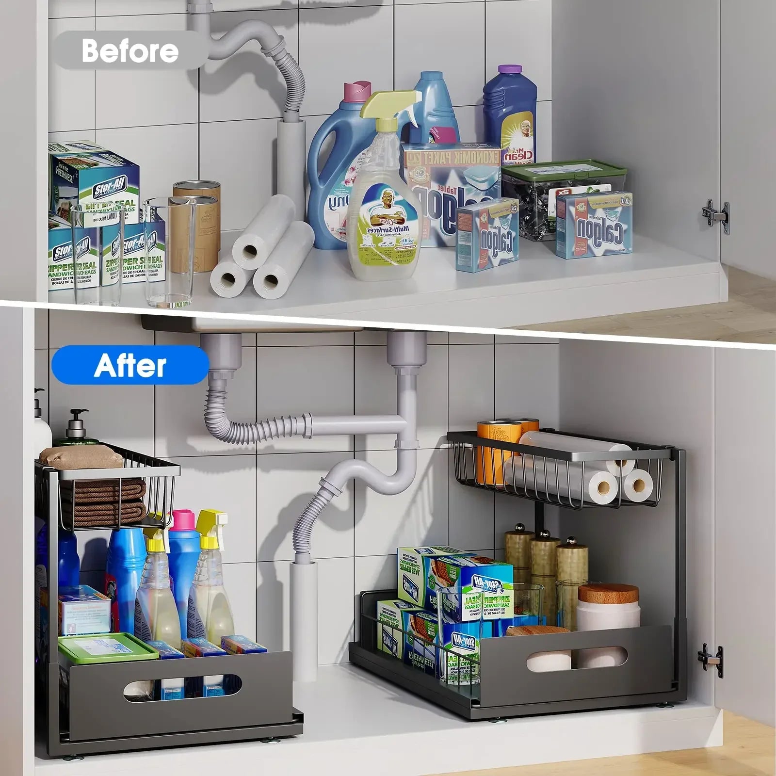Kitchen Storage Magic Tool！Double-layer Pull-out Basket Under Sink，Easily Transform Unusable Space，Expand Storage Capacity by Do