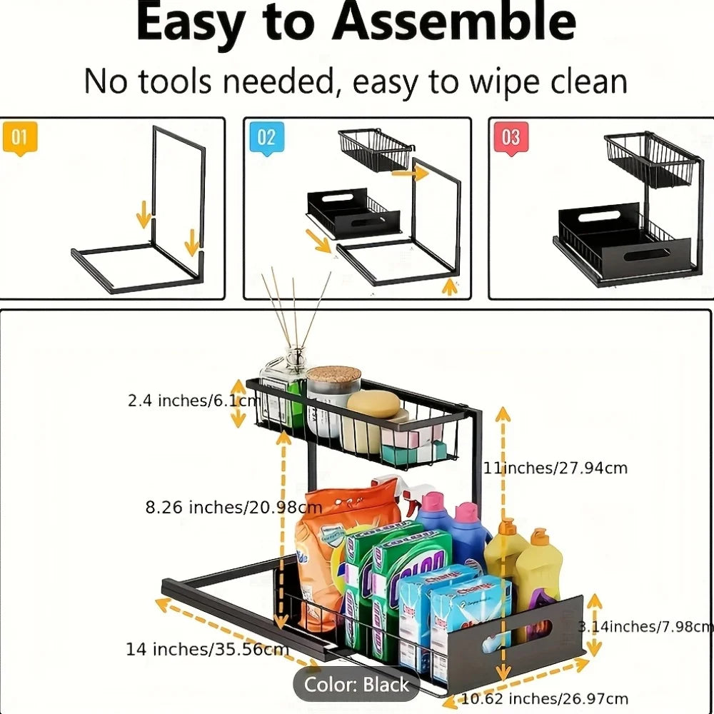 Under Sink Kitchen Storage Rack Set - Sliding Metal Drawer Organizer for Bathroom, Pantry, and Cabinets  Essential for Home Use