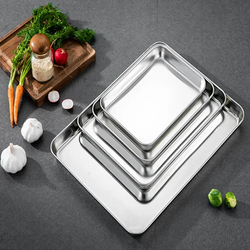 Kitchen Rectangle Stainless Steel Food Storage Serving Trays Sausage Noodles Fruits Dish Restaurant Hotel Metal Dinnerware Plate