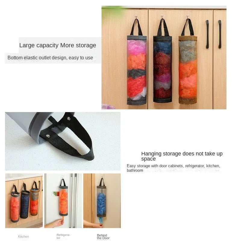 Kitchen storage miscellaneous bag storage wall mounted mesh plastic bag hanging reusable storage bag kitchen garbage organizer