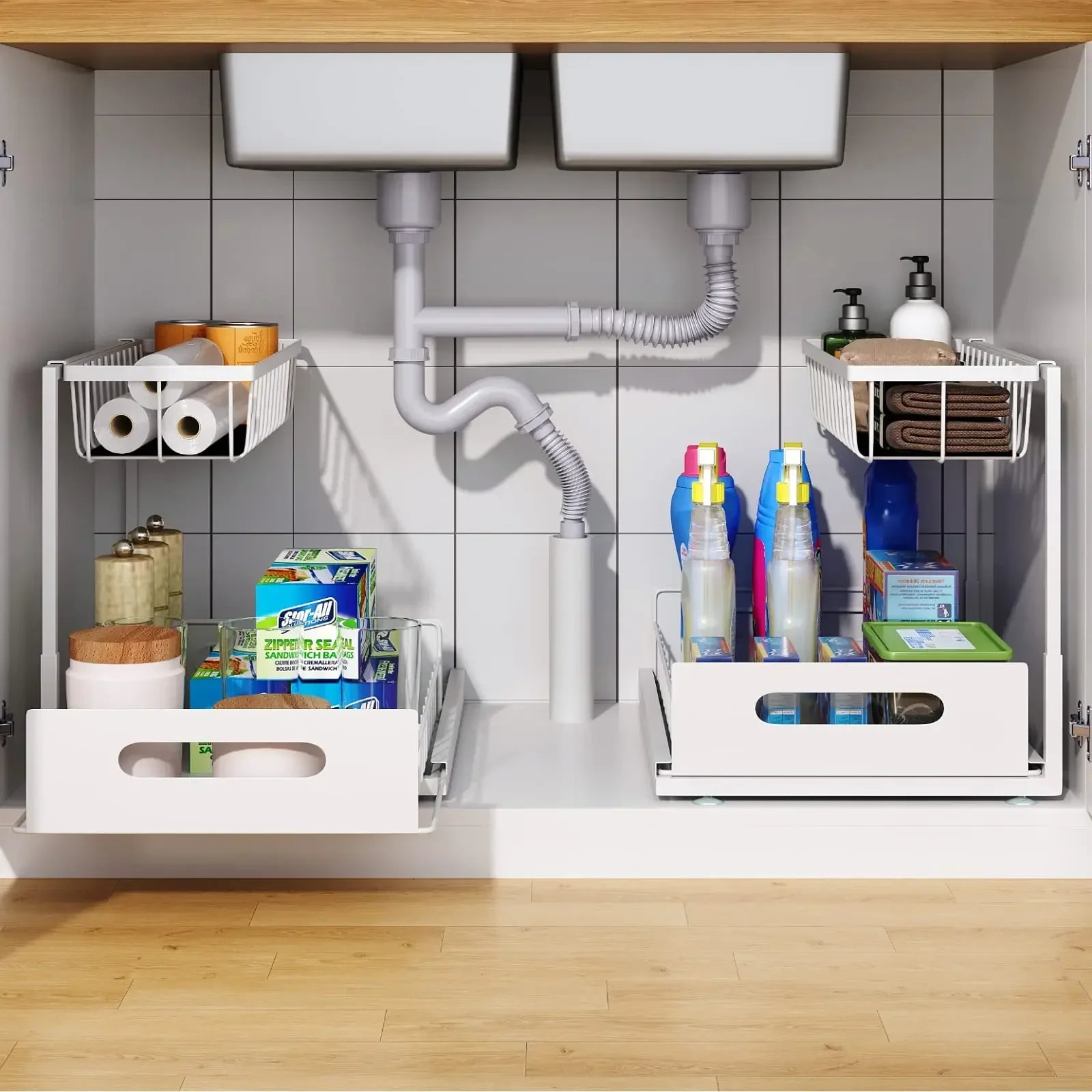 Kitchen Storage Magic Tool！Double-layer Pull-out Basket Under Sink，Easily Transform Unusable Space，Expand Storage Capacity by Do