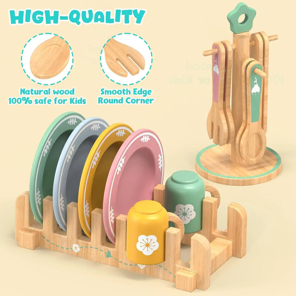 Wooden Kitchen Pretend Play Set Montessori Simulation Plates Dishes Accessories Kitchen Playset Toy for Toddlers Gifts Ages 3+