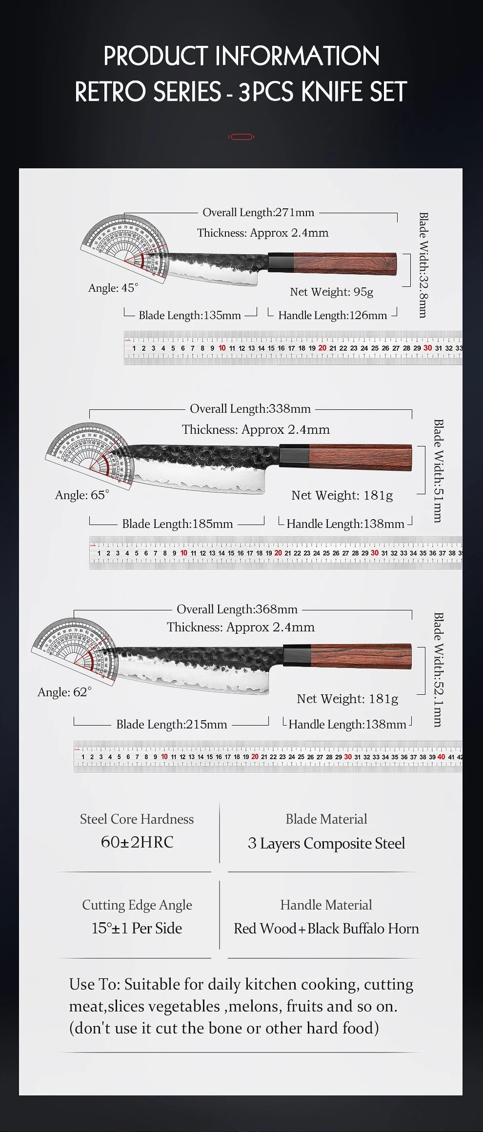 HEZHEN 1-3PC Kitchen Knife Set Chef Utility Santoku Professional Clad Steel Japanese Cook For Meat Kitchen Knife Red Wood