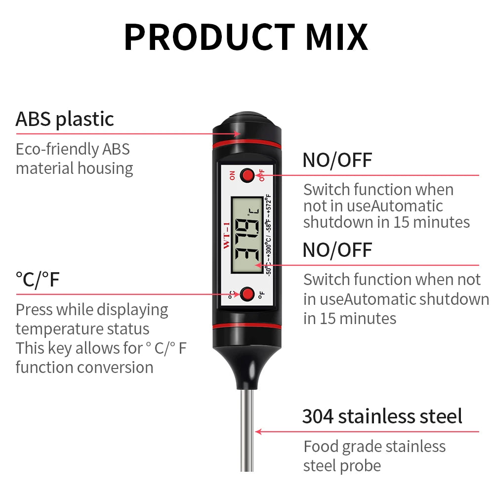 Kitchen Meat Thermometer Probe Type Digital Food Thermometer Cooking 300℃ Electronic Temperature Heat Gauge For Meat BBQ Milk