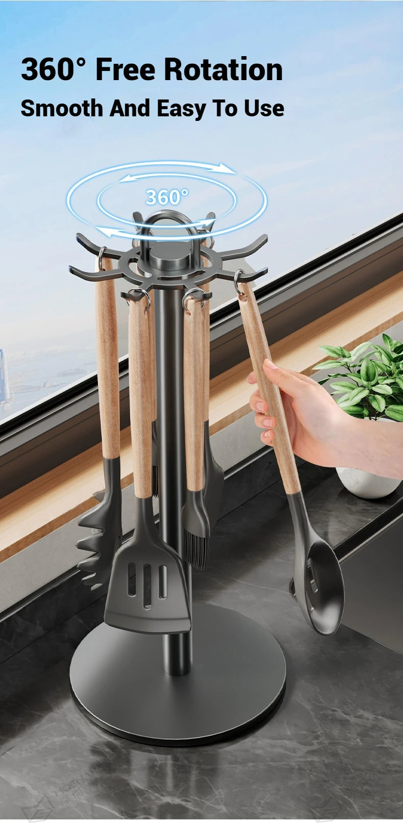Kitchen Utensil Stand: Rotating Storage Hanger with 8 Hooks,for Countertop Organization rotatable Cooking Utensils Holder