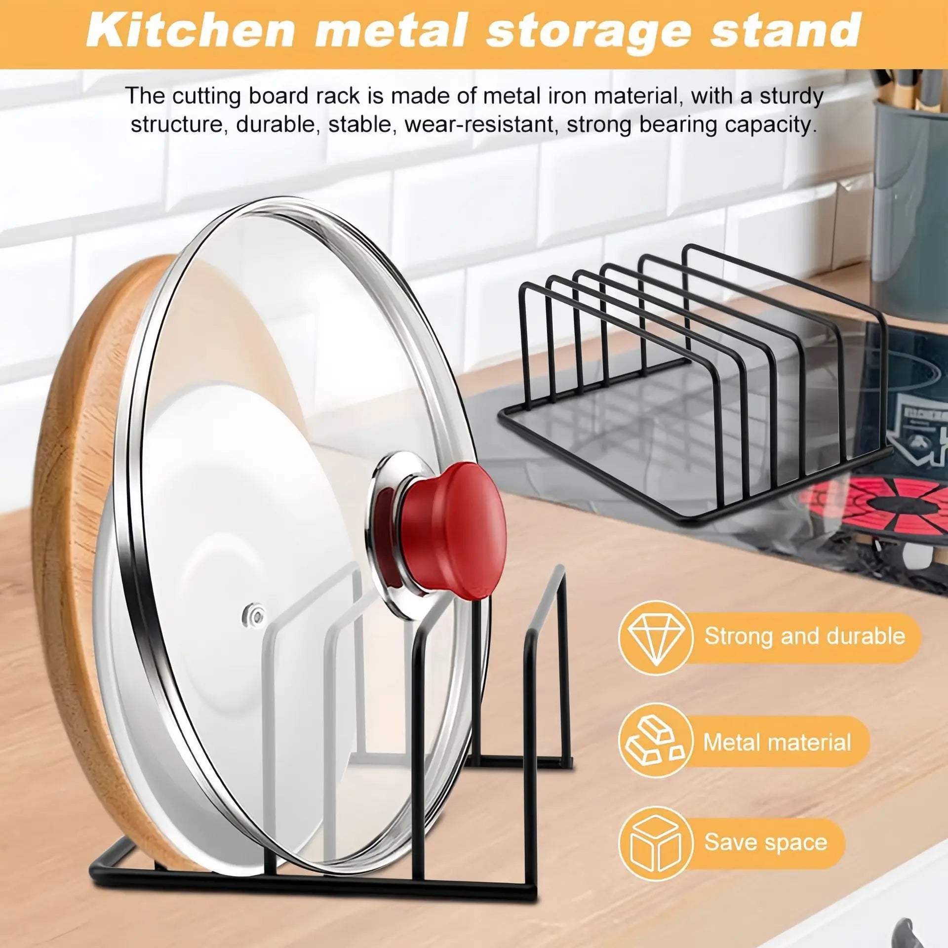 5-Tier Kitchen Cutting Board Rack, Carbon Steel Cutting Board Rack, Kitchen Pot Lid Storage Rack - Kitchen Organizer And Storage