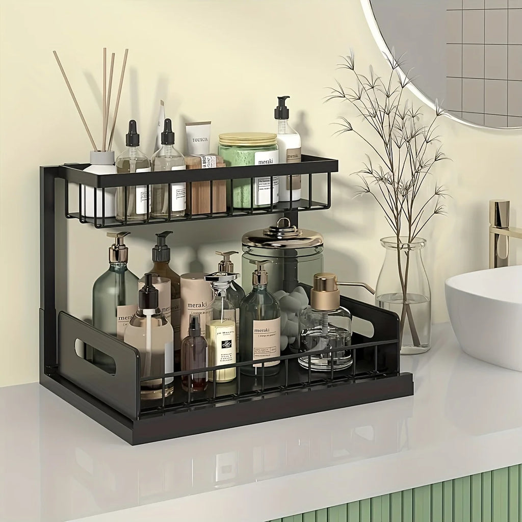 Under Sink Kitchen Storage Rack Set - Sliding Metal Drawer Organizer for Bathroom, Pantry, and Cabinets  Essential for Home Use