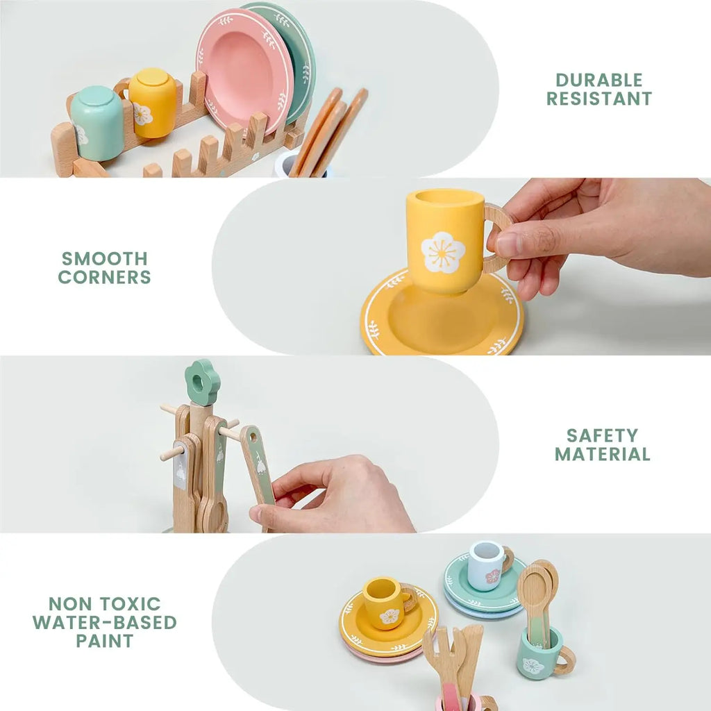 Wooden Kitchen Pretend Play Set Montessori Simulation Plates Dishes Accessories Kitchen Playset Toy for Toddlers Gifts Ages 3+