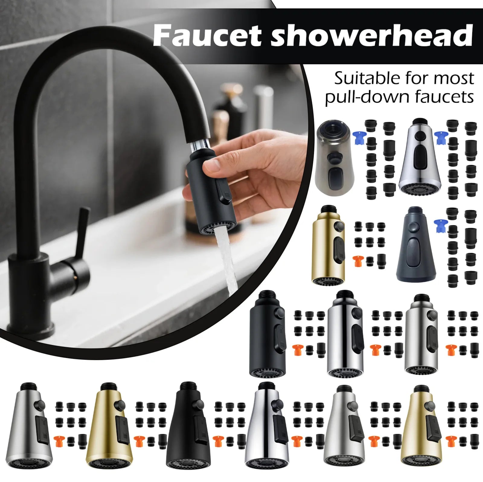 Kitchen Faucet Head Replacement, Premium 3 Function Pull Down Spray Head With 9 Adapters, Kitchen Sink Faucet Head Compatible