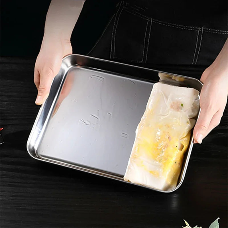 Kitchen Rectangle Stainless Steel Food Storage Serving Trays Sausage Noodles Fruits Dish Restaurant Hotel Metal Dinnerware Plate