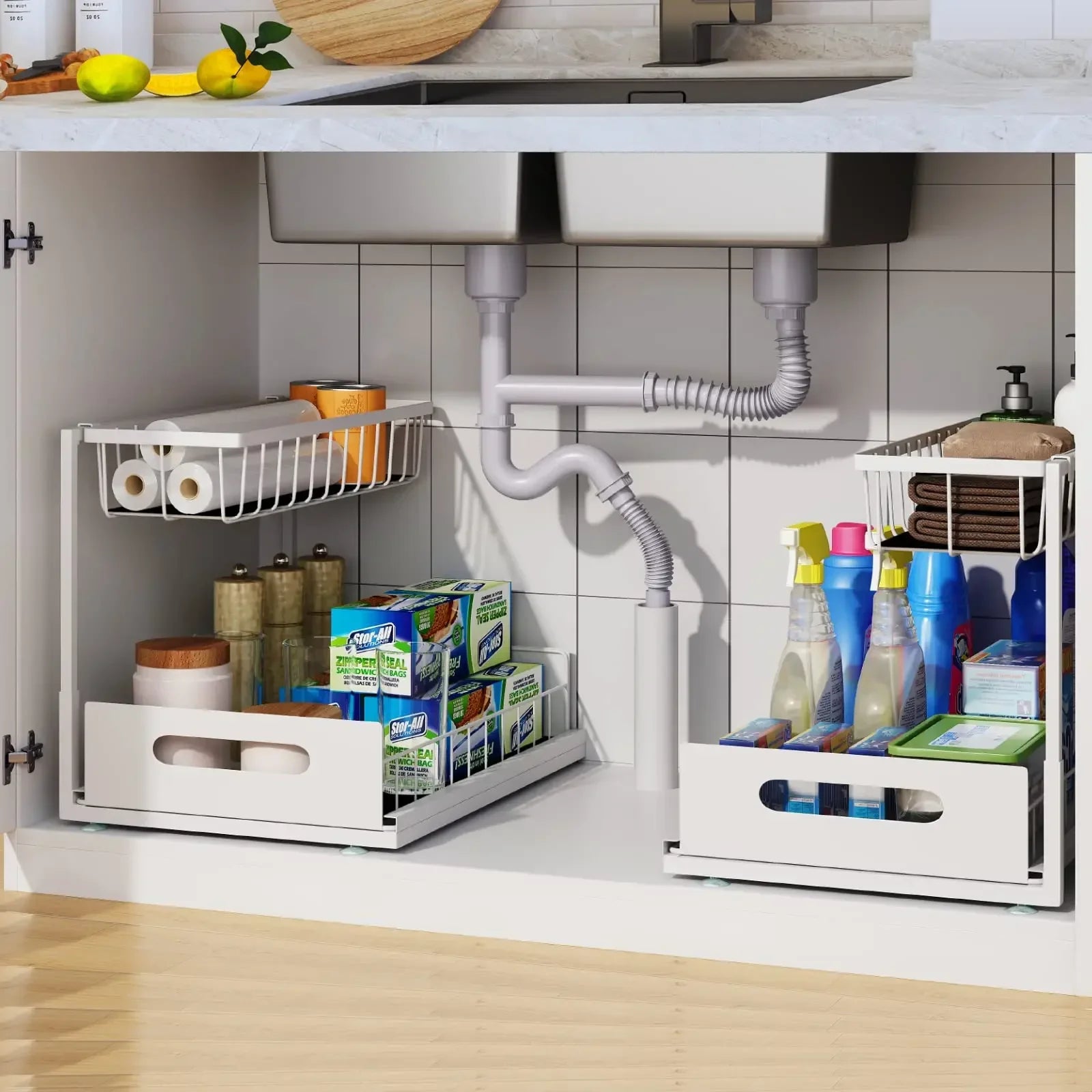 Kitchen Storage Magic Tool！Double-layer Pull-out Basket Under Sink，Easily Transform Unusable Space，Expand Storage Capacity by Do